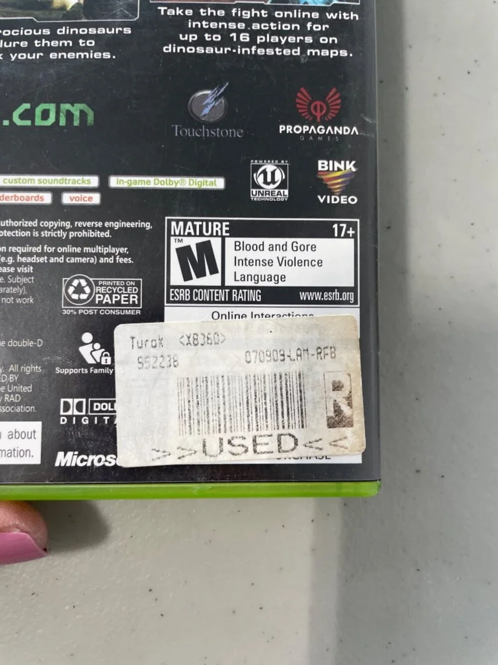 Xbox 360 Turok Game Touchstone Mature 17+ ESRB Rating Dolby Digital Complete